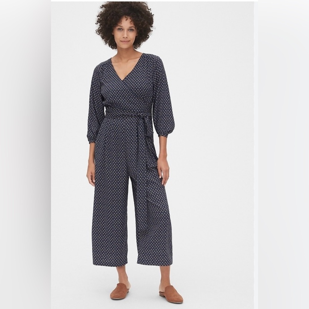 GAP Navy long sleeve Geometric Women's wide leg wrap Jumpsuit size 0